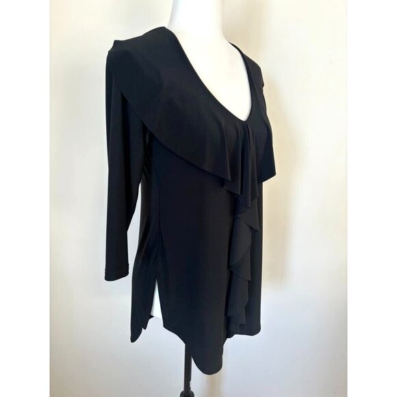 SYMPLI Tunic Blouse Top Size 4 Black 3/4 Sleeves Ruffle Neckline Front Stretch - Picture 3 of 7